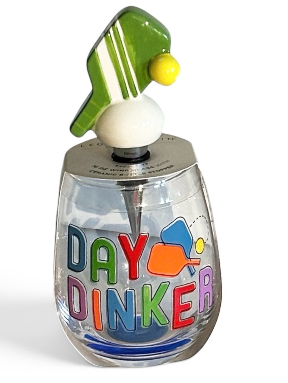 Day Dinker Pickleball Stemless Wine Glass and Ceramic Bottle Stopper NEW